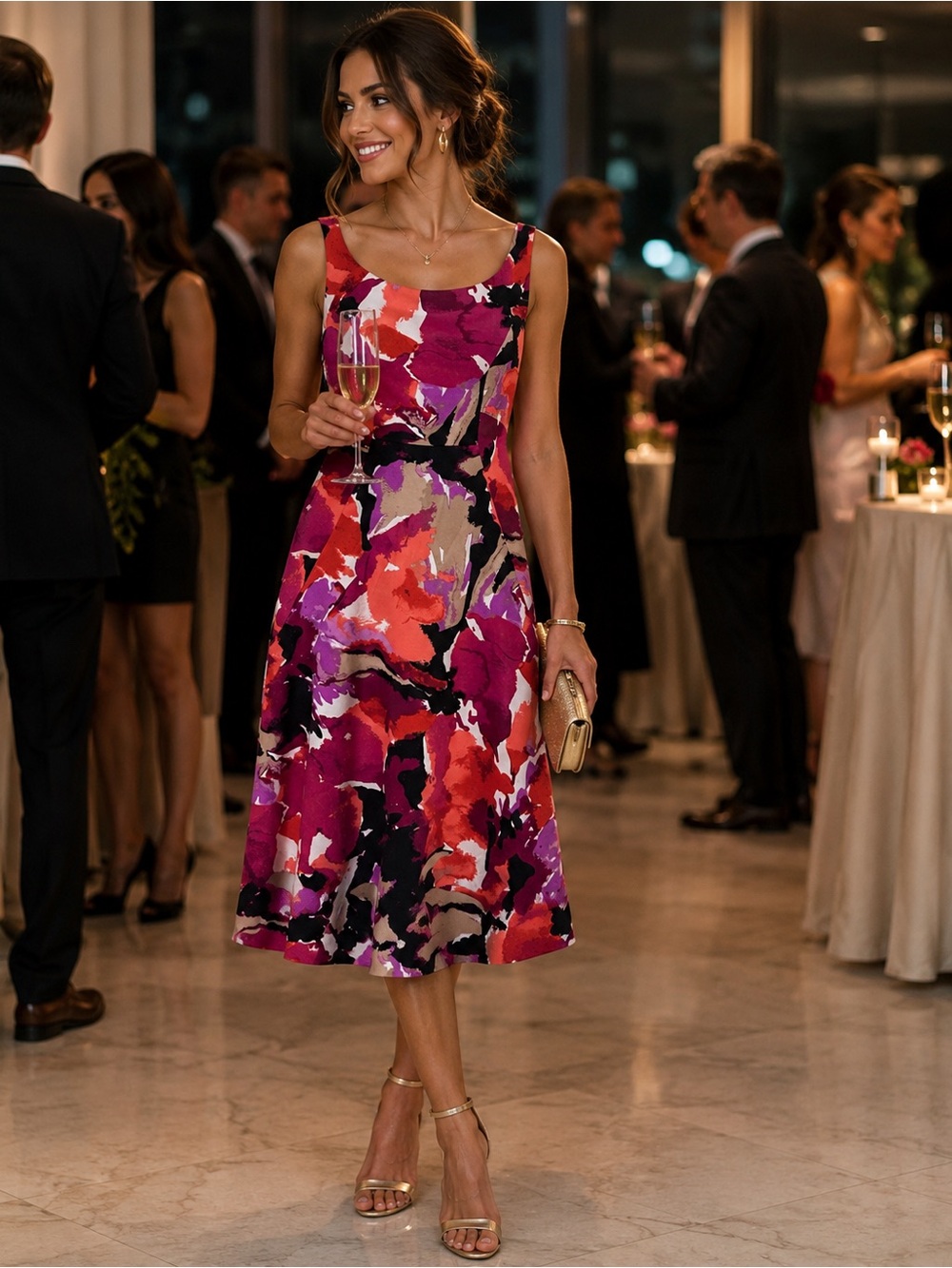 Trina Turk Sleeveless Abstract Floral Midi Dress in Magenta and Coral